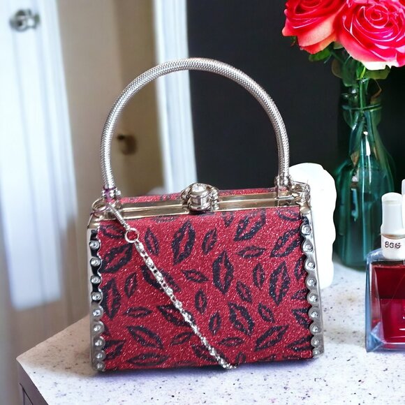 Black Crystal  Lips Two Way  Evening Mini Hand Bag Crossbody - Picture 1 of 12